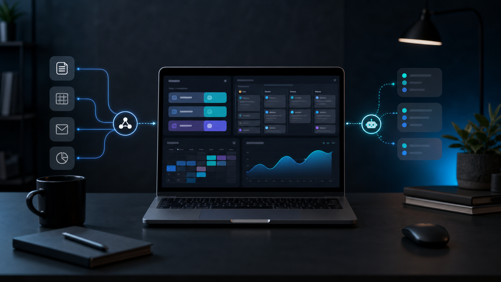 Dark workspace with AI productivity dashboards and workflow automations